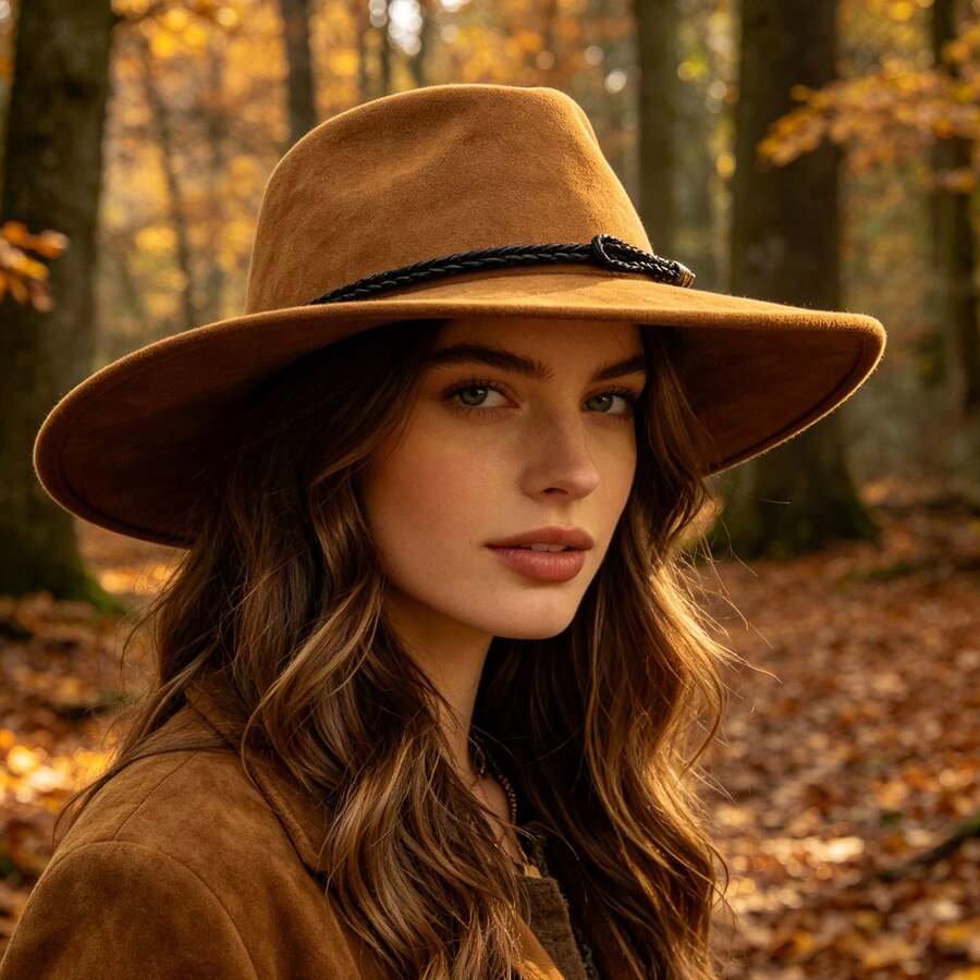 Vintage Western Wide Brim Felt Fedora Hat With Decorative Band For Women And Men