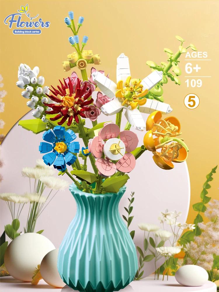 Micro Building Block with Vase Eternal Flower Bouquet Set Creative Home Decoration Ornament Compatible with