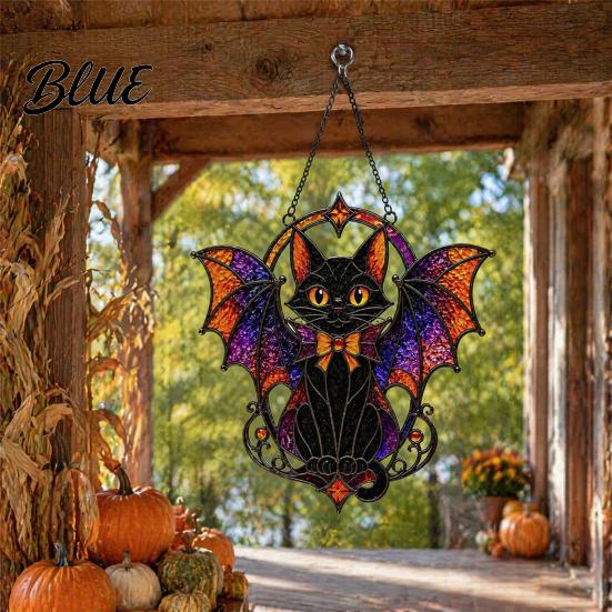 Weather Resistant Garden Decoration Halloween Bat Cat Suncatcher Stained Glass Style Acrylic Sun Catcher Gothic Window Hanging Decor Black Ornament