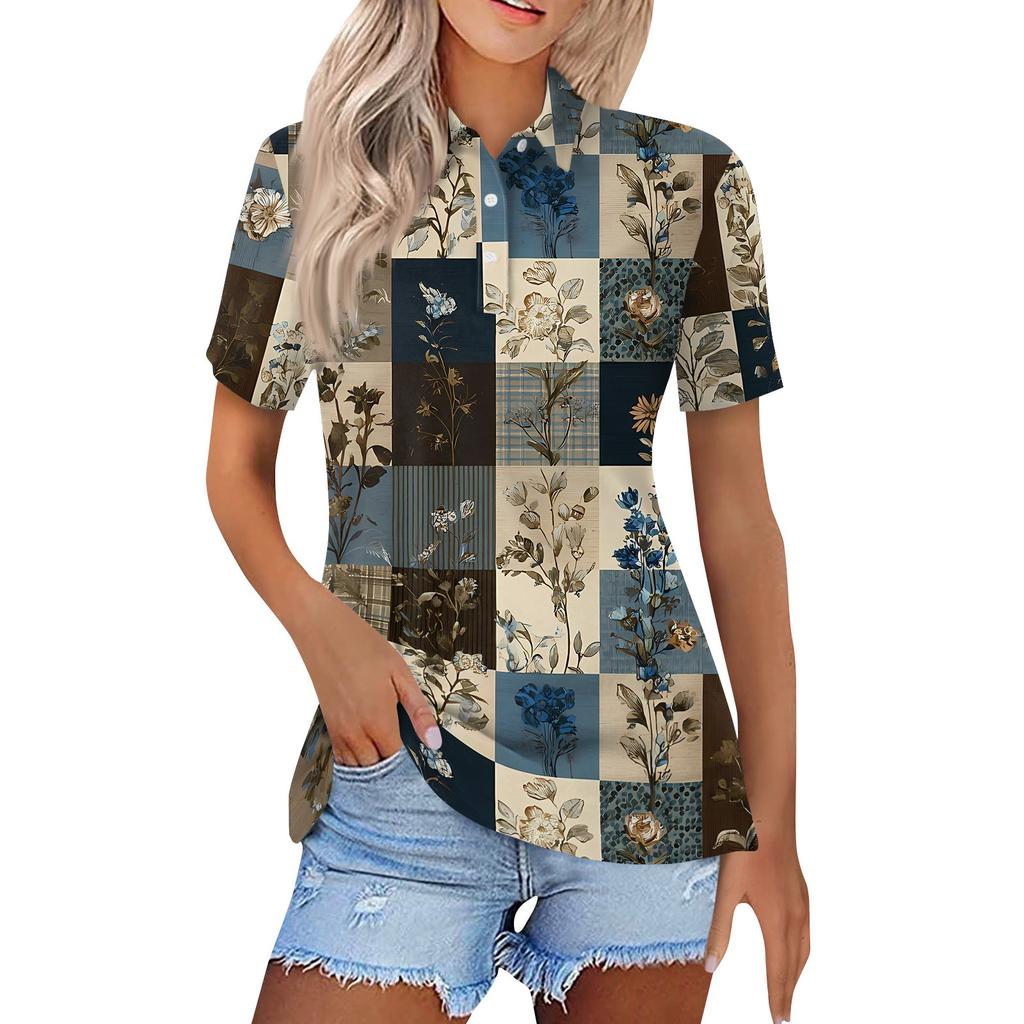 Damenmode Casual Revers Kurzarm Bedrucktes Hemd Damen Button Up Tops