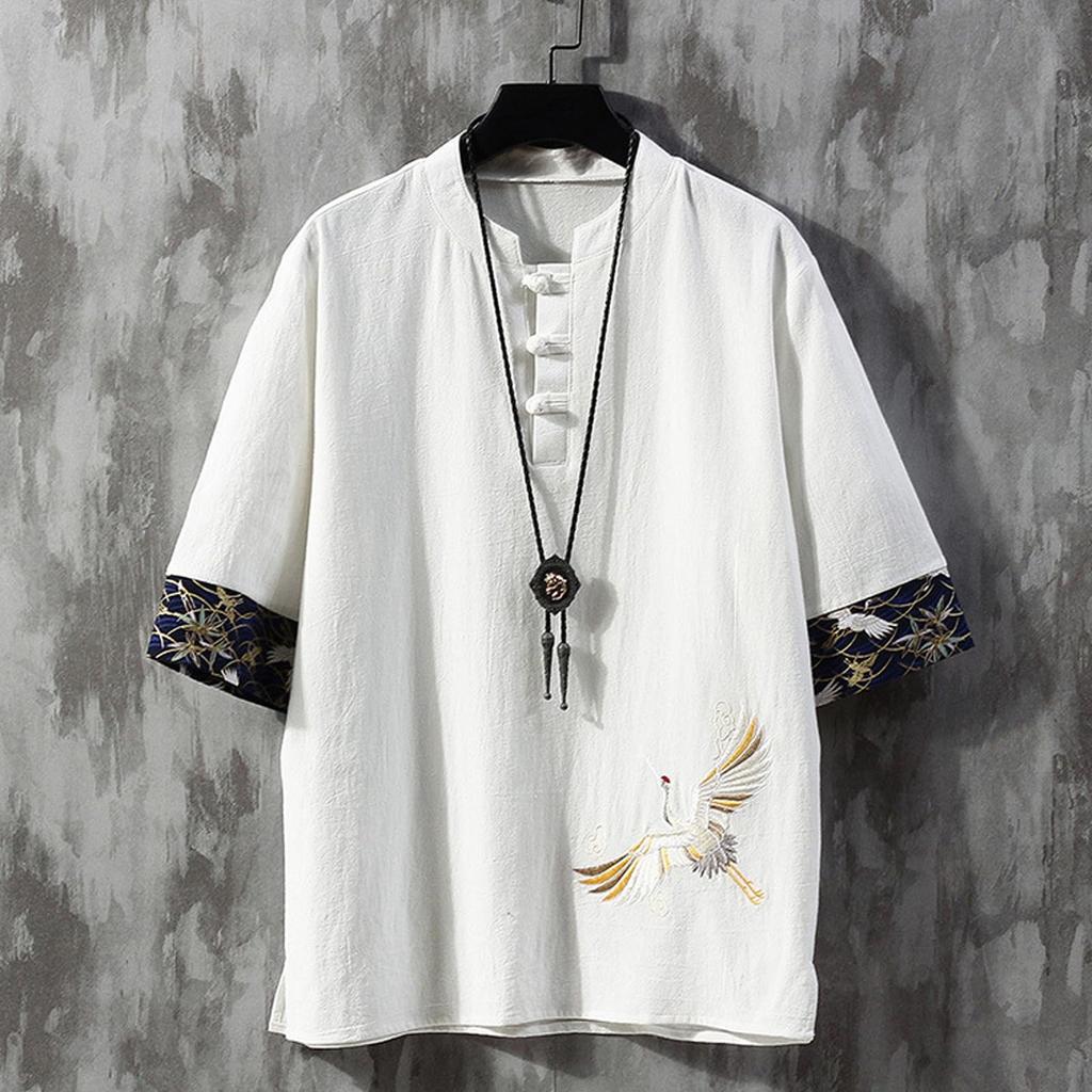 Tumao Summer Short Japanese Plus Sizes Loose Solid Casual Top Men's T-Shirt, Linen, Sleeve, Cotton-Linen, Style, Embroidered, Blend, 5/8 Sleeves,