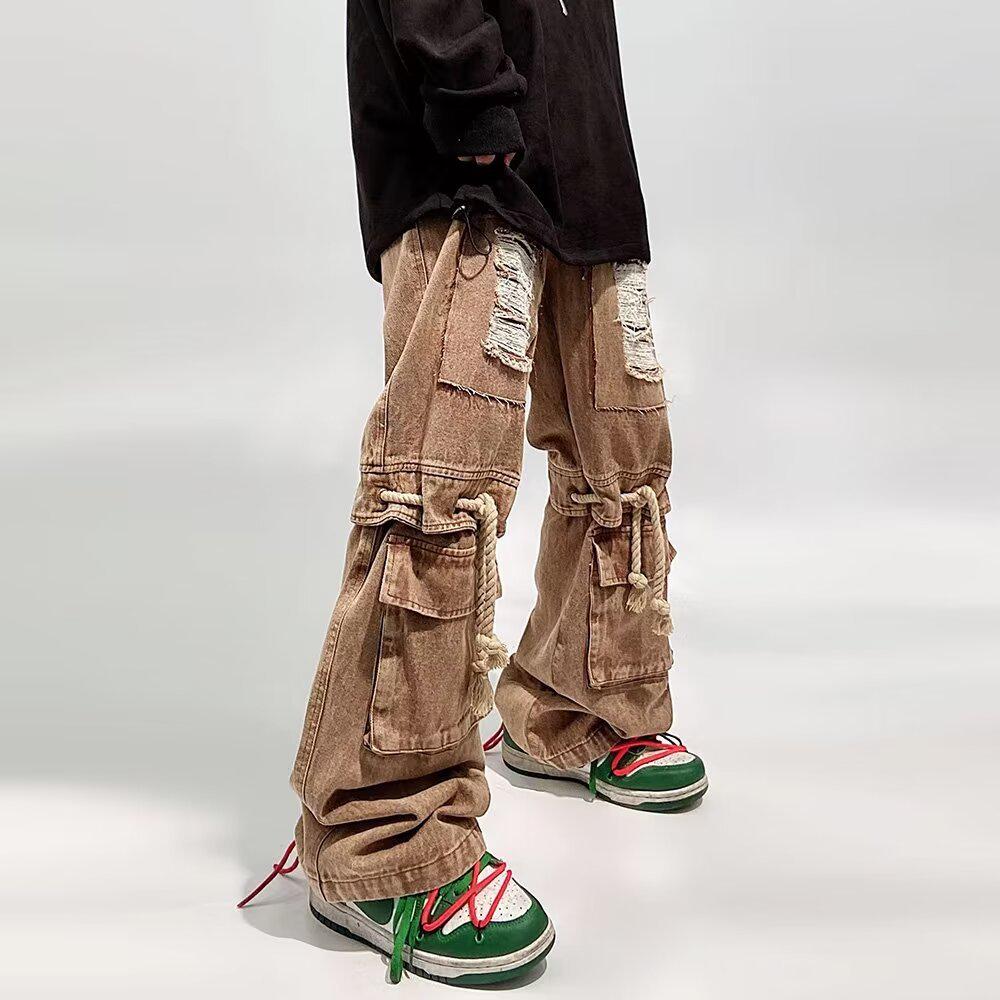 

Distressed Lace-Up Straight Leg Workwear Jeans for Men Extra Large