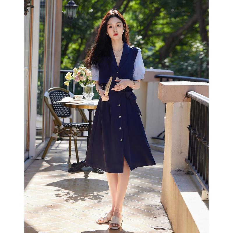 Demana Summer Color Block Tie-Waist Midi Dress