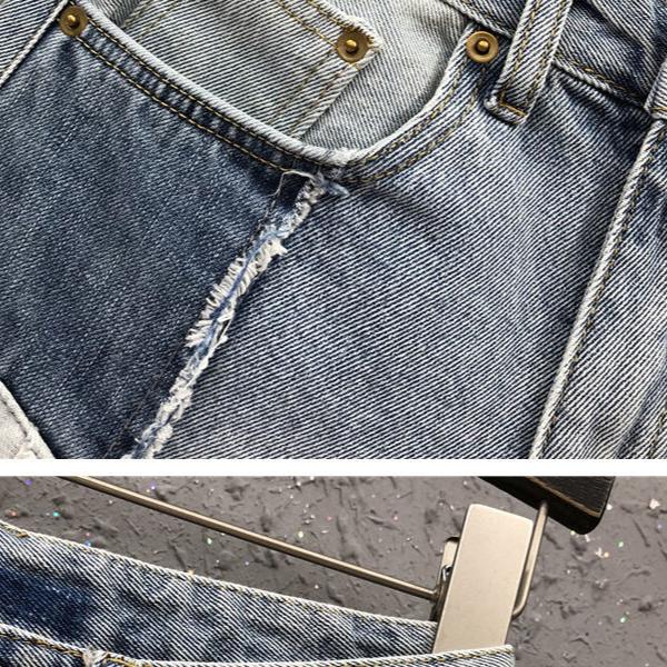Unique Patchwork Color Block Denim Shorts Women Loose Fit Wide Leg Pants