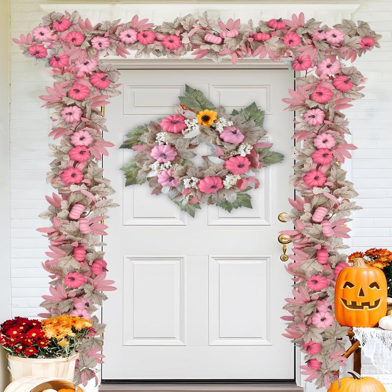 White Maple Leaf Decorations Pink Pumpkin Accents Fall Festival Party Supplies Faux Foliage Garlands Halloween Themed Home Decor
