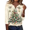 Women's Fashion Casual Christmas Print V-Neck Button Three-Quarter Sleeve T-Shirt Blouse
