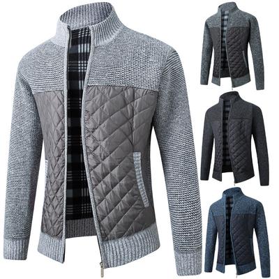 Autumn and Winter Men's Stand-up Collar Striped Plaid Plus Velvet Fashion Color Matching Warm Knitted Jacket Sweater