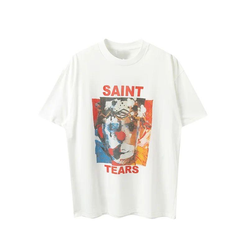 Weiße Serie Heiligenporträt Briefmuster Bedrucktes Kurzarm American Casual Lockeres Baumwoll-T-Shirt für Herren Damen mit Aufdruck