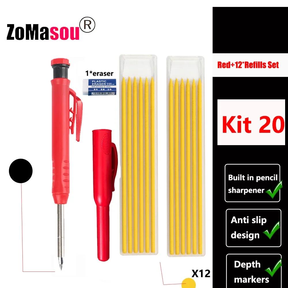 Reuseable Long Head Deep Hole Markers Pen Pencils Solid Carpenter Refill Leads Built-in Sharpener Woodwork Construction Tools