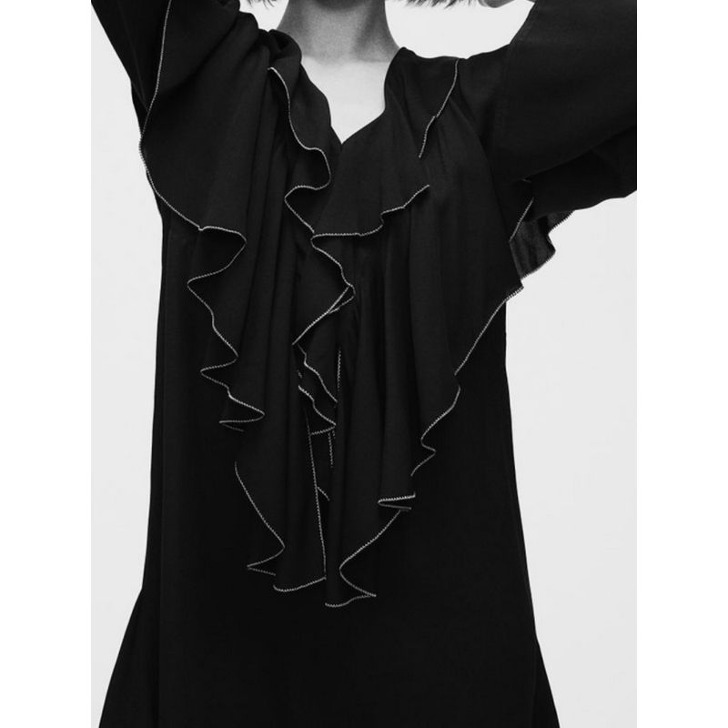 Export H Home Stylish Fashion Long Sleeve Ruffles Special-Interest Design Hepburn Black Elegance Beautiful Casual Dress