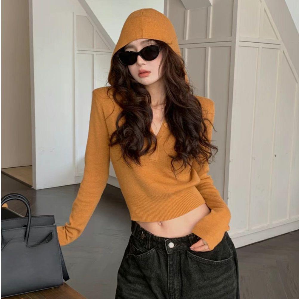 

A High-end, Petite Off-the-shoulder Top for Women, A Hooded V-neck Knitted Sweater one size помаранчевий