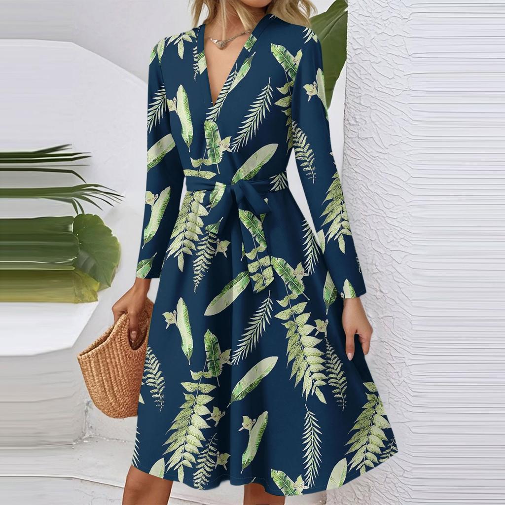 Women's Fashion Casual V-Neck Long Sleeve Waist Floral Print Midi Dress