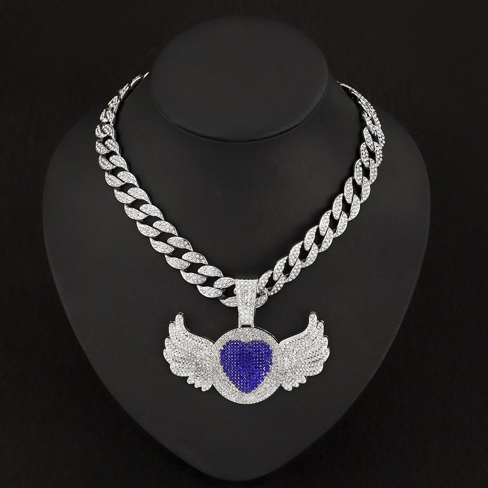 Hip Hop Rap Trendy Creative Pink Diamond Love Angel Wing Pendant Necklace Pink Diamond Love Men's Necklace