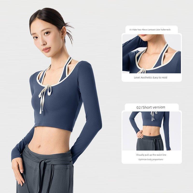 Export Fake Two-Piece Halterneck Long-Sleeved Fixed Cup Short Sports Tops Contrast Color Binding Easiest for Match Fitness Yoga Wear Women