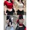 Hollow back shoulder pads short-sleeved t-shirt women's summer pure desire sweet spice girl backless short top with chest pad is beautiful