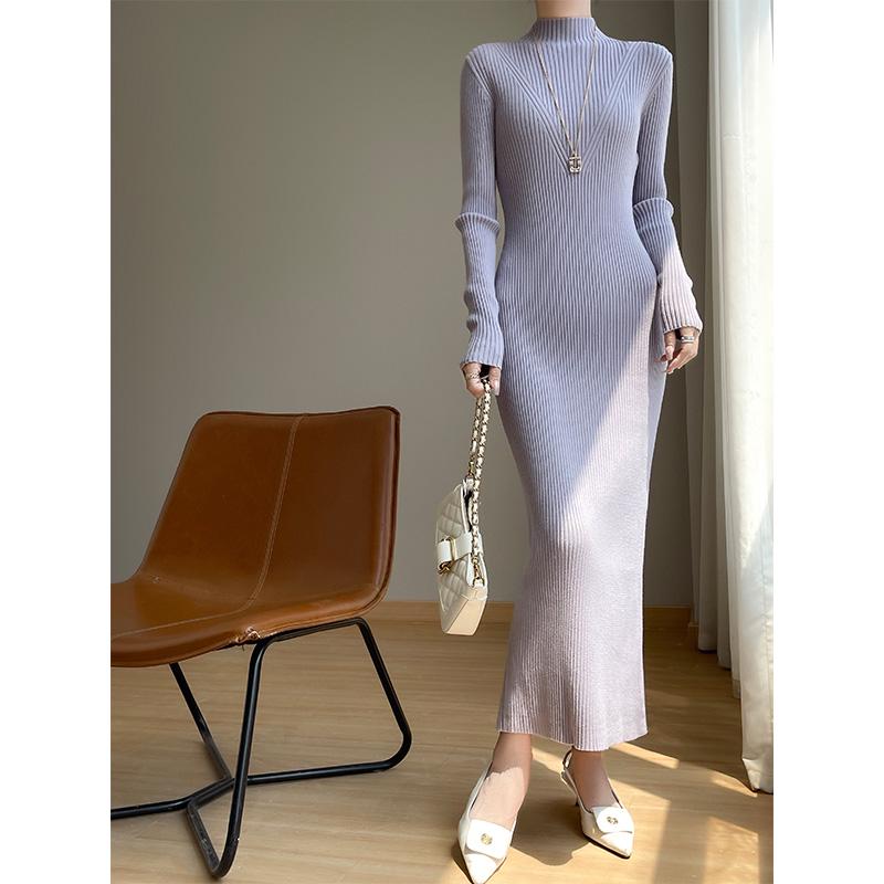 New Autumn/Winter Slimming Knit Dress for Women - Half-High Neck, Figure-Flattering, Long Length Bodycon Skirt