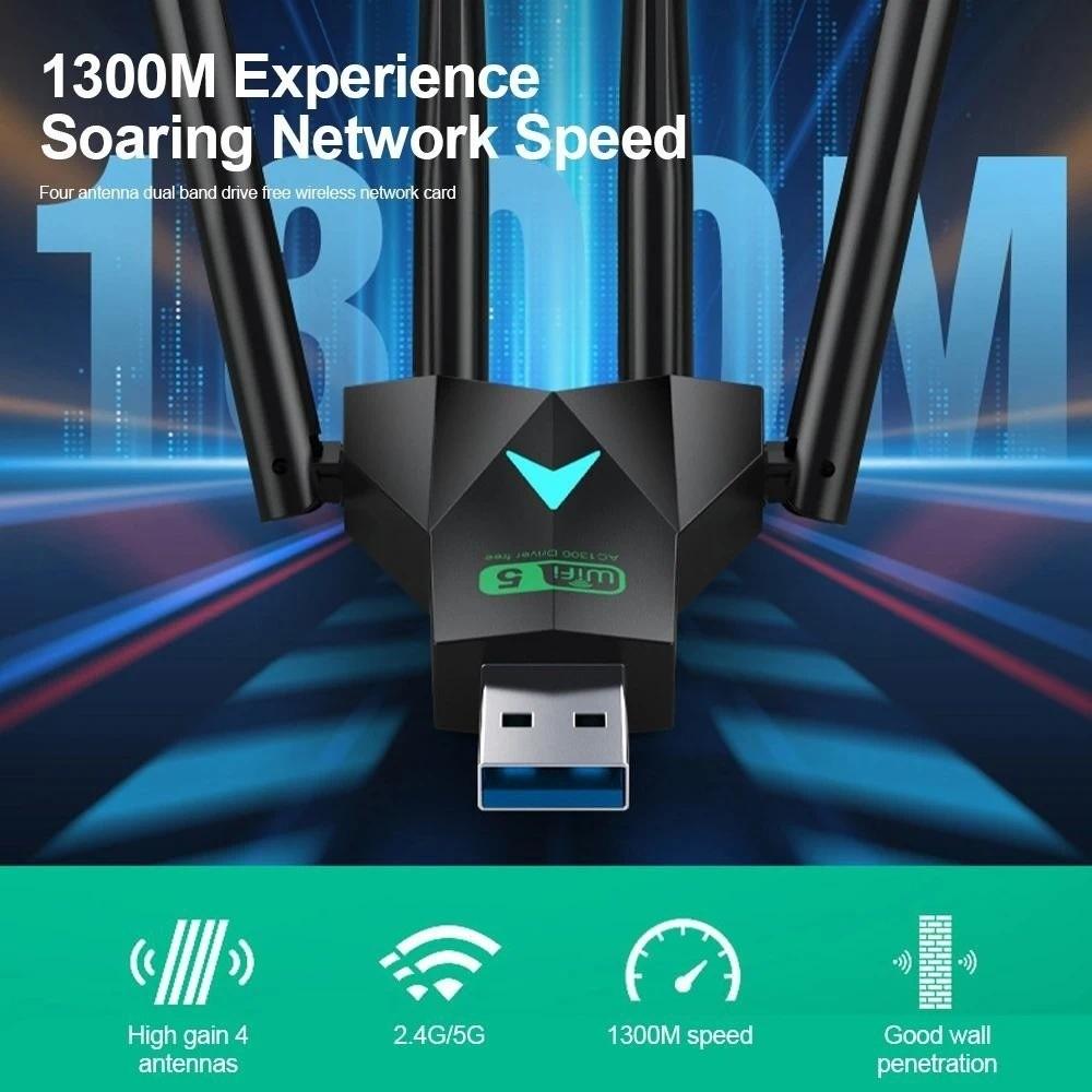 4 Antenna Design 1300Mbps WiFi Dongle Wireless Network Card  For Computer/PC/Tablet