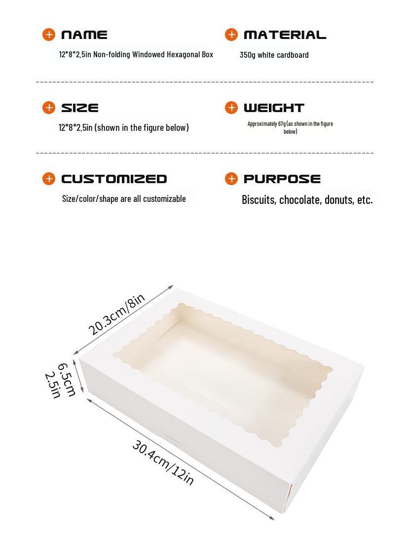12x8x2.5in Non-Folding Hexagonal Dessert Box - Custom White Cardboard with Window for Cookies 350g White Cardboard