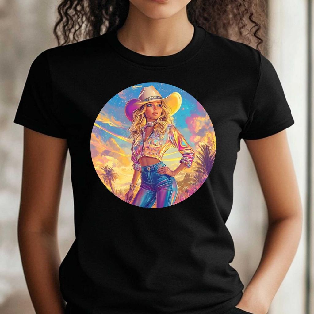 T-Shirt Women Cowboy Holographic Motif Cotton Size XS To 3XLWill Be Opened In a New Window or Tab