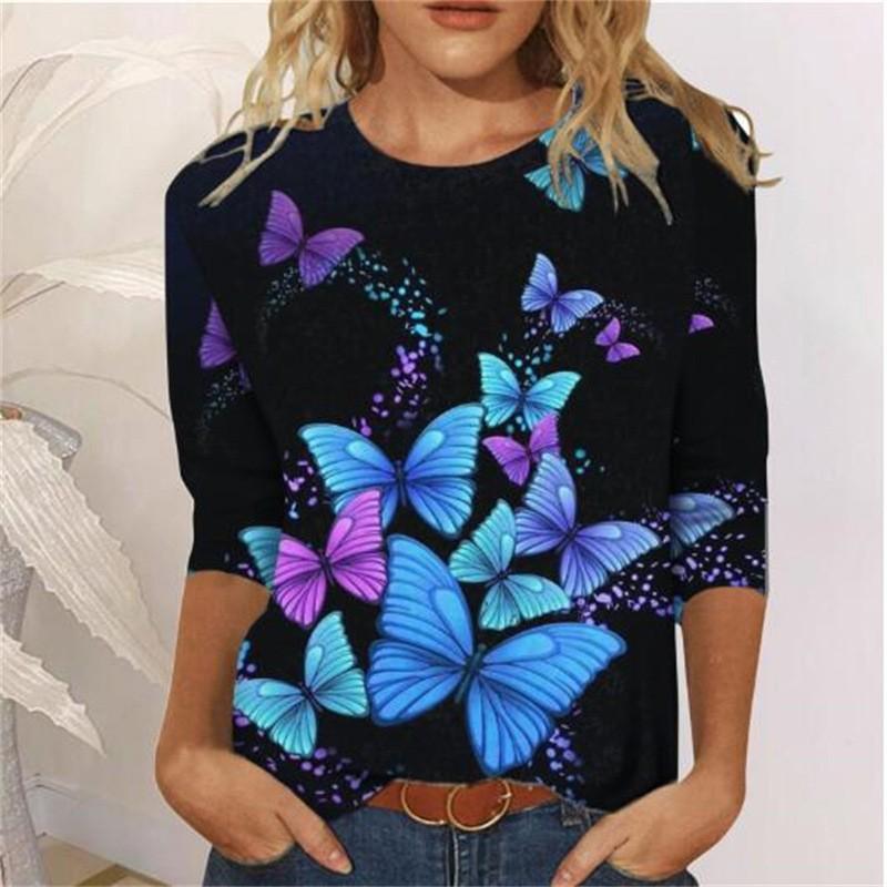 Spring and Autumn Round Neck Butterfly Flower Pattern 3D Printed Top Fashionable Casual Long Sleeved Women's T-shirts