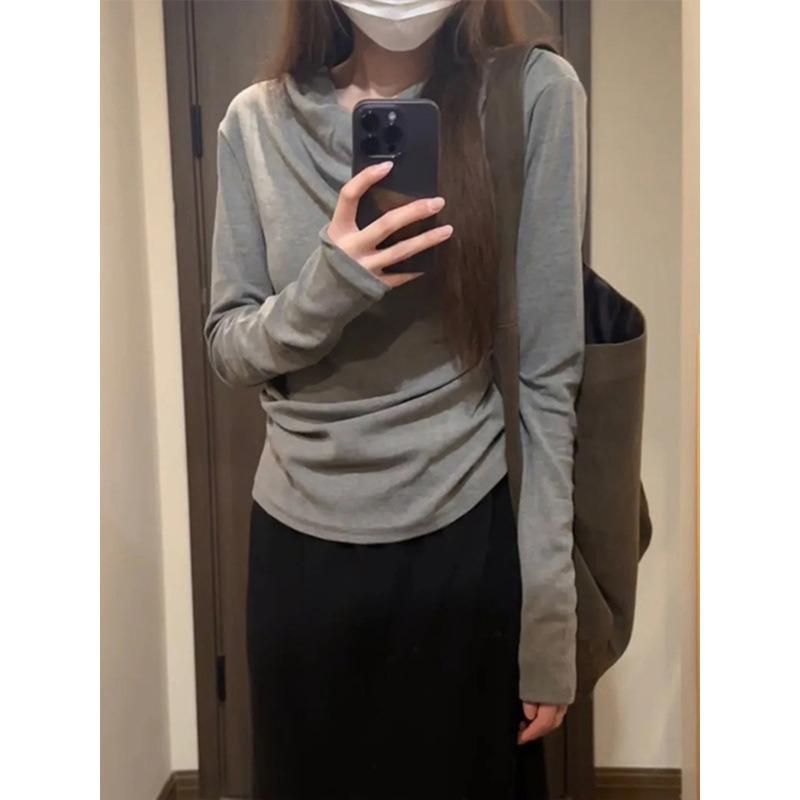High-end gray one-word shoulder long-sleeved women's top spring new slim-fitting and thin shirt versatile bottoming shirt