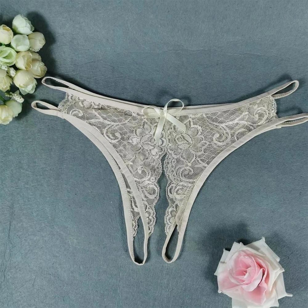 1pc Women's See Through Lace Panties Open Crotch Underwear Briefs Solid Color Female Low Waist Underpants
