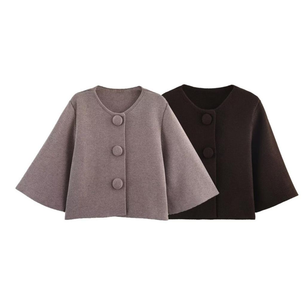 Cárdigan de Punto para Mujer con Cuello Redondo, Mangas Tres Cuartos, Corte Holgado, Casual, Botones, Corto