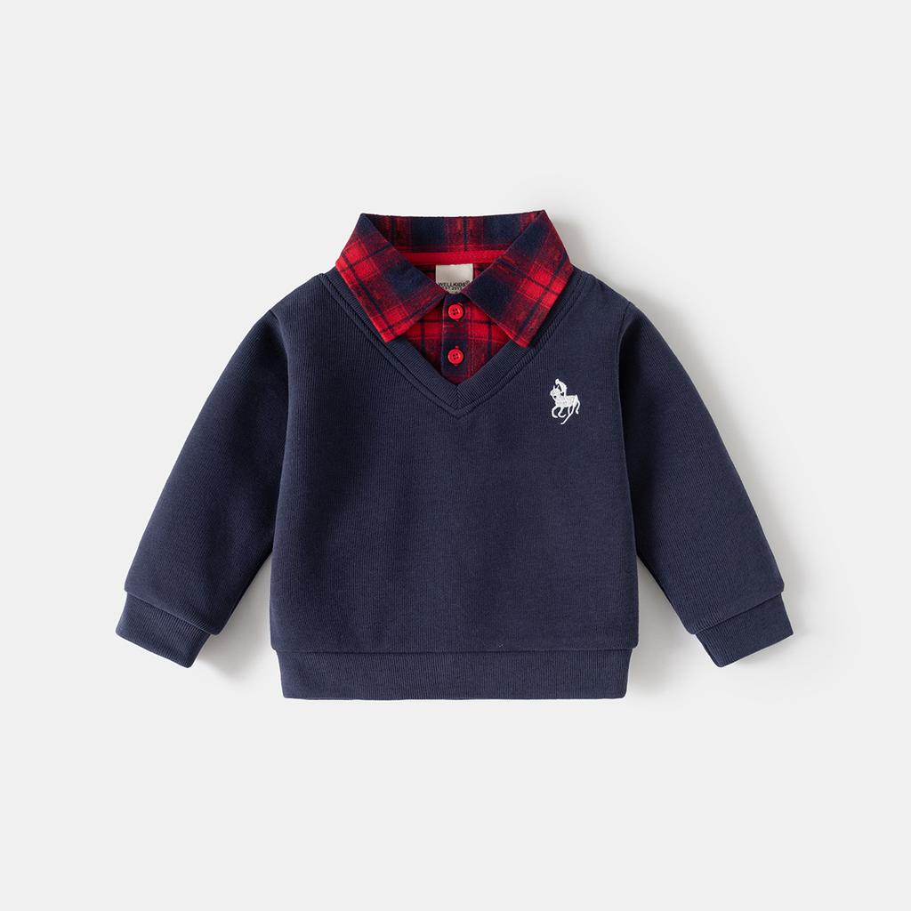 Spring new Korean version of boys' fake two-piece sweater children's shirt collar jacket baby V-neck top children's clothing