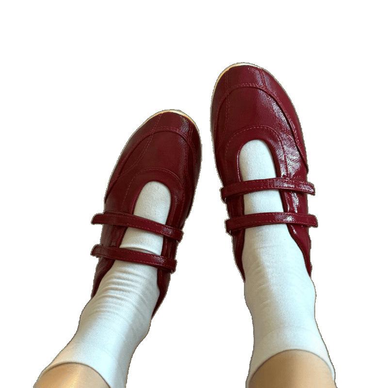 Vintage Red Mary Jane Shoes Women's Velcro Casual Ballet Single Shoes Flat Shoes Women