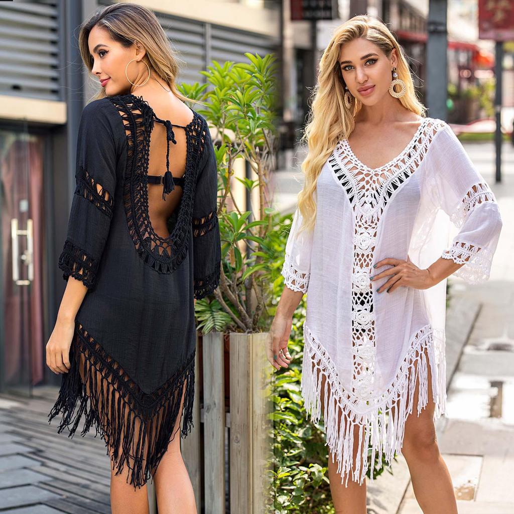 Trendy Ins-Style Backless Crochet Tassel Beach Skirt