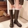 Vintage Belt Buckle Women Knee High Boots Concise Thick Heel Slip On Shoes Autumn Winter Ladies Knight Long Booties