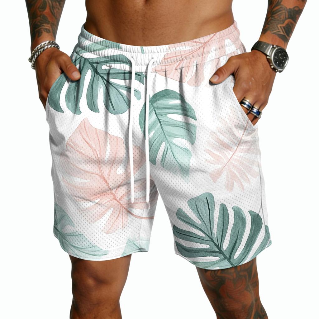 Men's Casual Drawstring Shorts Lightweight Quick-Dry Five-Point Hawaiian Print Beachwear Summer Bottoms with Elastic Waistband