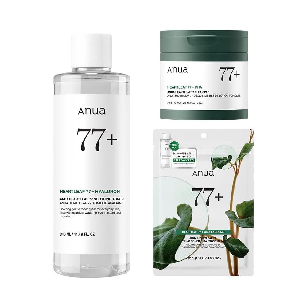 

Anua Dokudami 77 Soothing Toner 340ml + Clear Pads 70pcs + Soothing Mask Pack 7pcs Skincare Set for Oily and Combination Skin
