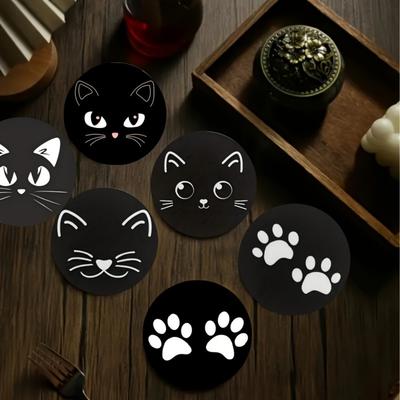6 Pieces of Wooden Cat Paw Coasters, 2D Art Coasters, Heat-resistant Mosaic Mug Coasters, for Homes and Cafes, 3.9 Inches