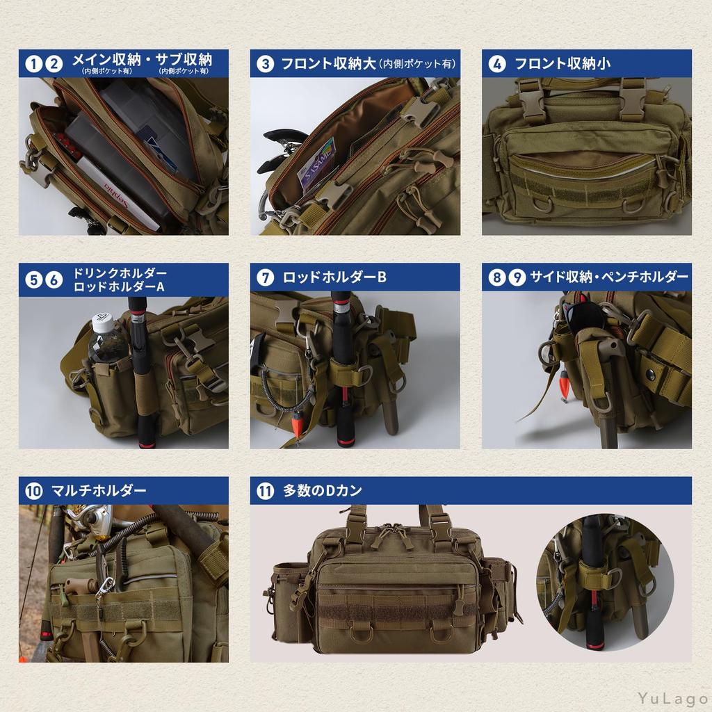 YuLago Fishing Bag, Large Capacity, Waterproof, for Fishing Tackle, Tackle, and Hooks (Khaki)
