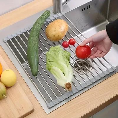 Silicone Stainless Steel Fruit Vegetable Dish Drainer Kitchen Sink Shelf Kitchen Tools Sponge Holder Kitchen Tools Strainer
