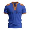 Summer Vintage Style Casual T-Shirts Men Patchwork Drawstring Loose Male Tshirt Short Sleeve Fashion Pull On Tees Streetwear