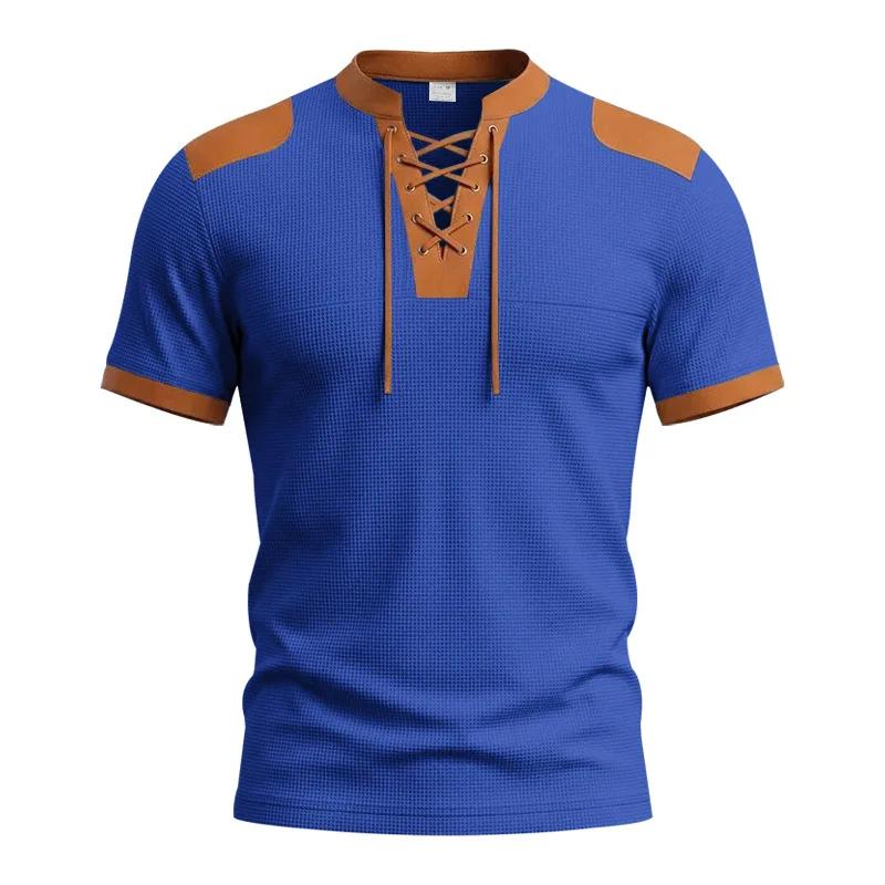 Summer Vintage Style Casual T-Shirts Men Patchwork Drawstring Loose Male Tshirt Short Sleeve Fashion Pull On Tees Streetwear