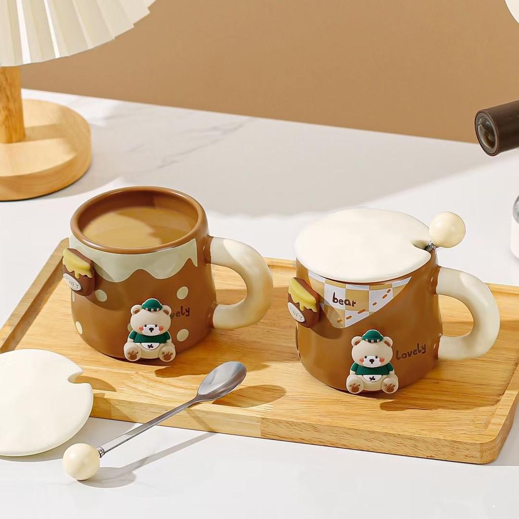 Cartoon bear mug ceramic cup ceramic couple water cup with lid spoon office cup festive gift