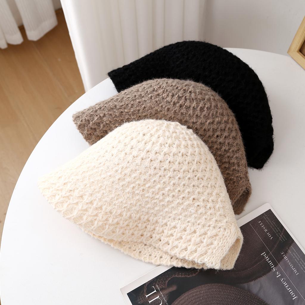 French Style Round Top Knit Bucket Hat - Women'S Winter Fisherman Cap With Hollow-Out Design, Warm Rolled-Edge Outdoor Headwear