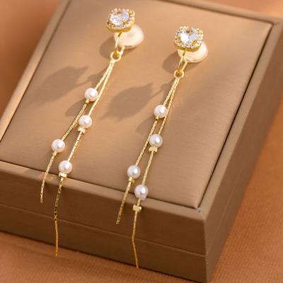 2023 New Mosquito Coil Without Ear Piercing Ear Clip Long Imitation Pearl Fringe Earrings Female