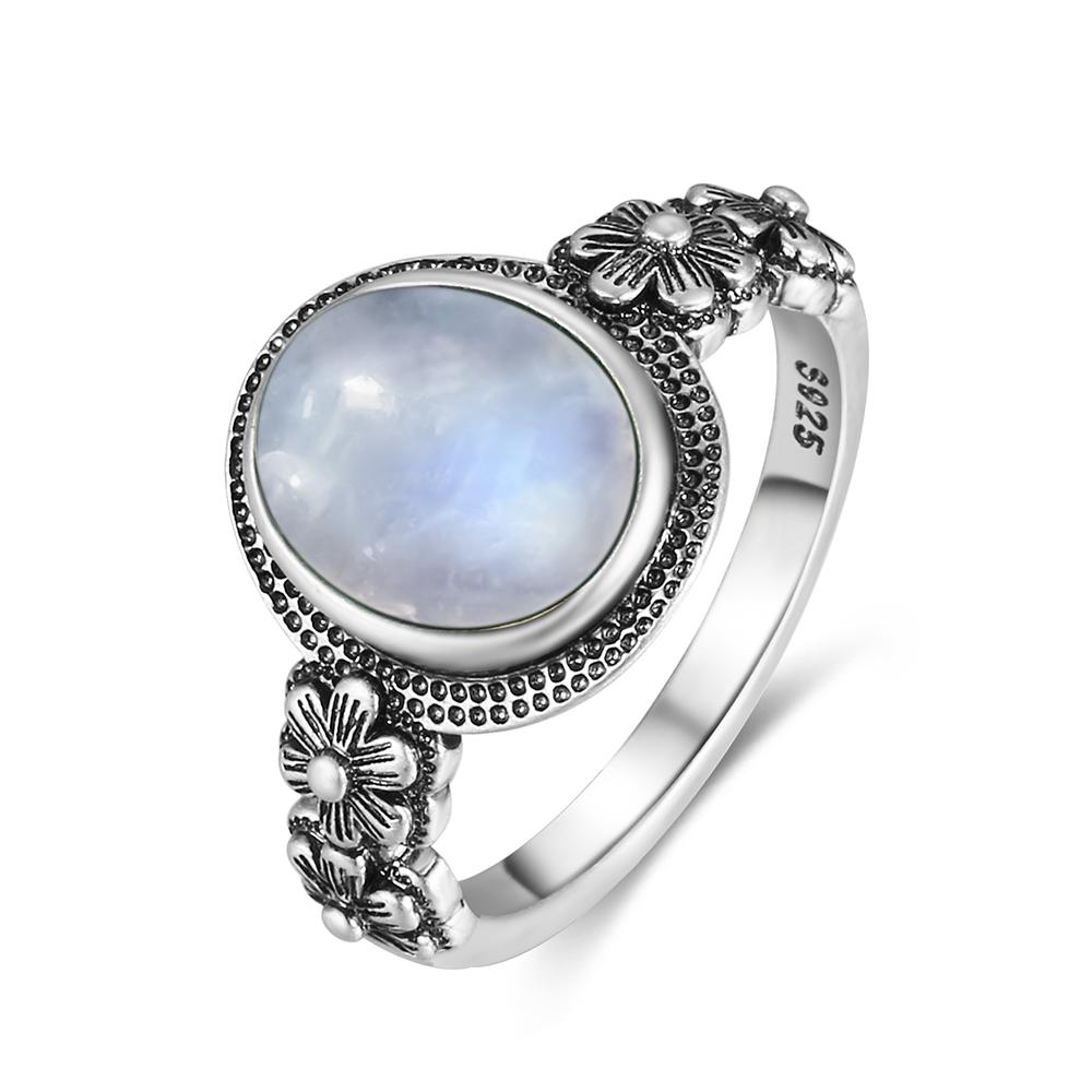 Vintage 925 Sterling Silver Natural Moonstone Rings Bohemia Oval Shape Retro Ring Gifts Fine Jewelry for Women Men