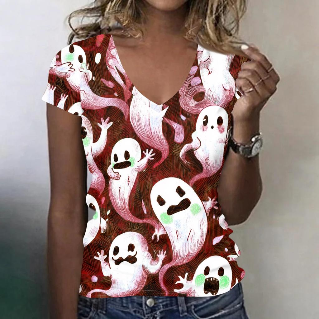 Women's V-Neck Halloween Print Lightweight Blouse for Spring and Summer