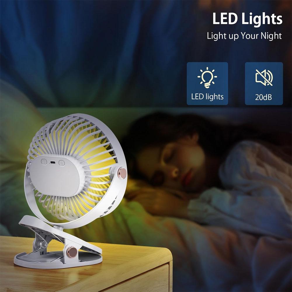 Portable Clip On Fan, 5 Speeds 360° Rotatable Mini Desk Fan with Night Light, USB Rechargeable Personal Fan for Home Office