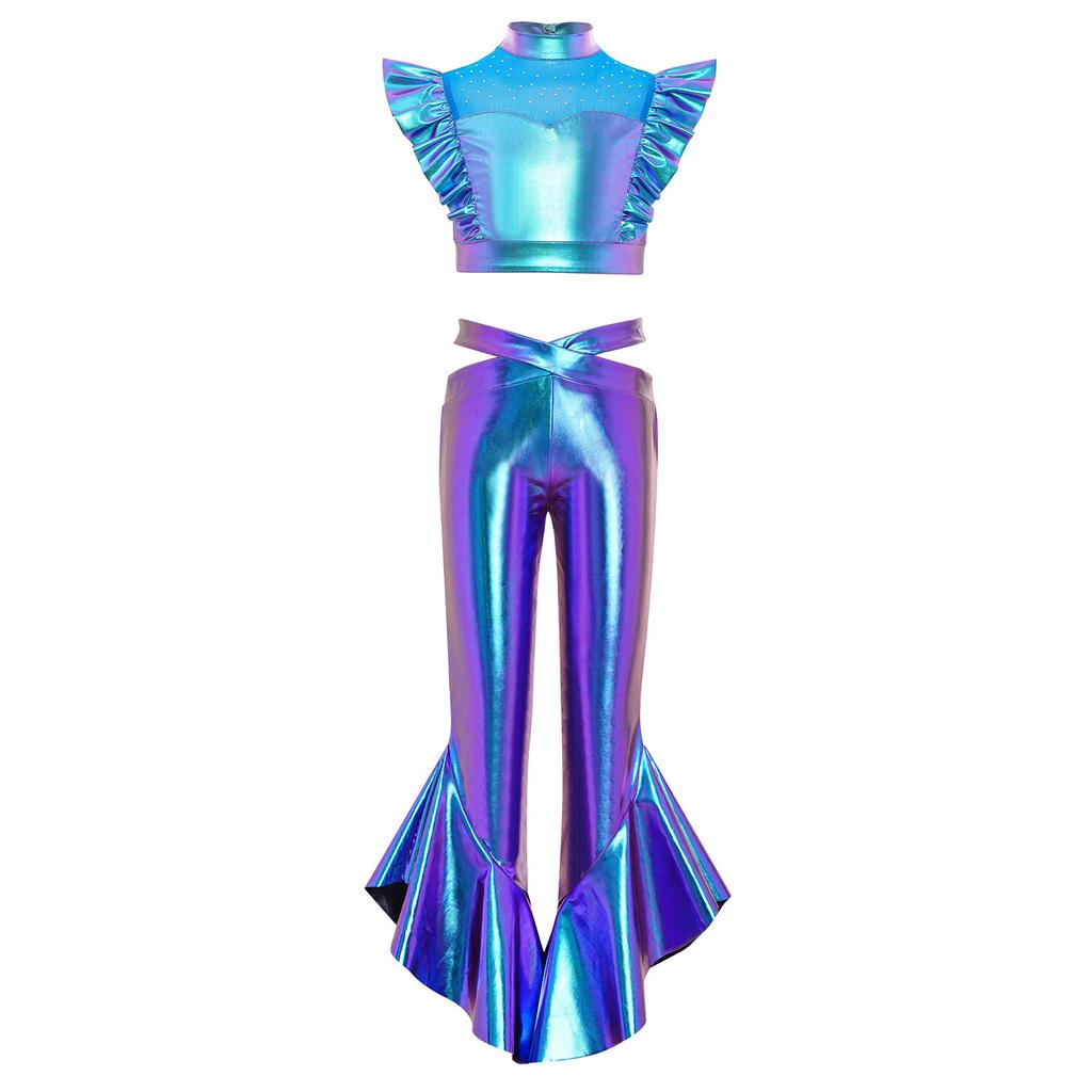 Girls Dance Crop Top with Flared Pants Mock Neck Sleeveless Mesh Rhinestone Ruffle Metallic Outfit Set