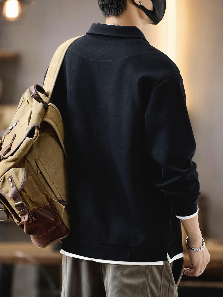 Men's 2025 Autumn Retro Polo Shirt - Trendy Long Sleeve Hoodie with Lapel and Fake Two-Piece Design