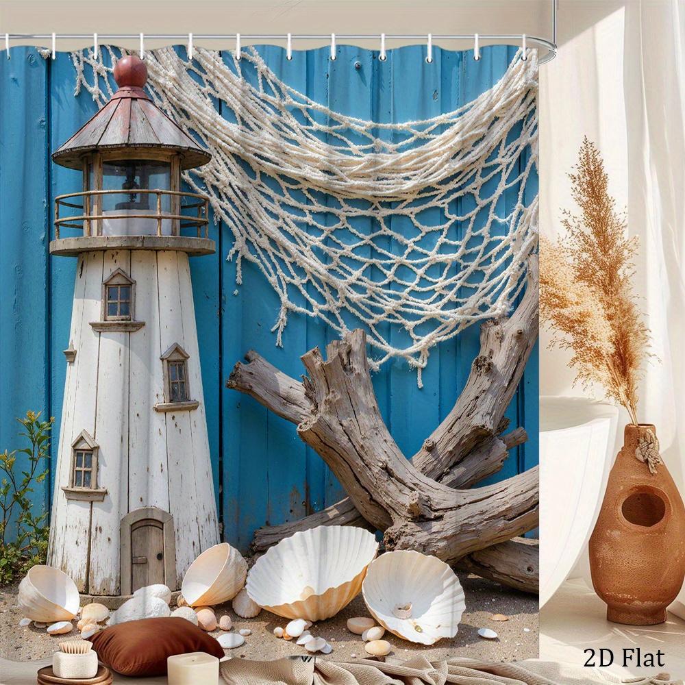 Nautical Lighthouse Shower Curtain Beach Scene with Drifter and Shell Print Shower Curtain with 12 Hooks for Coastal Decoration