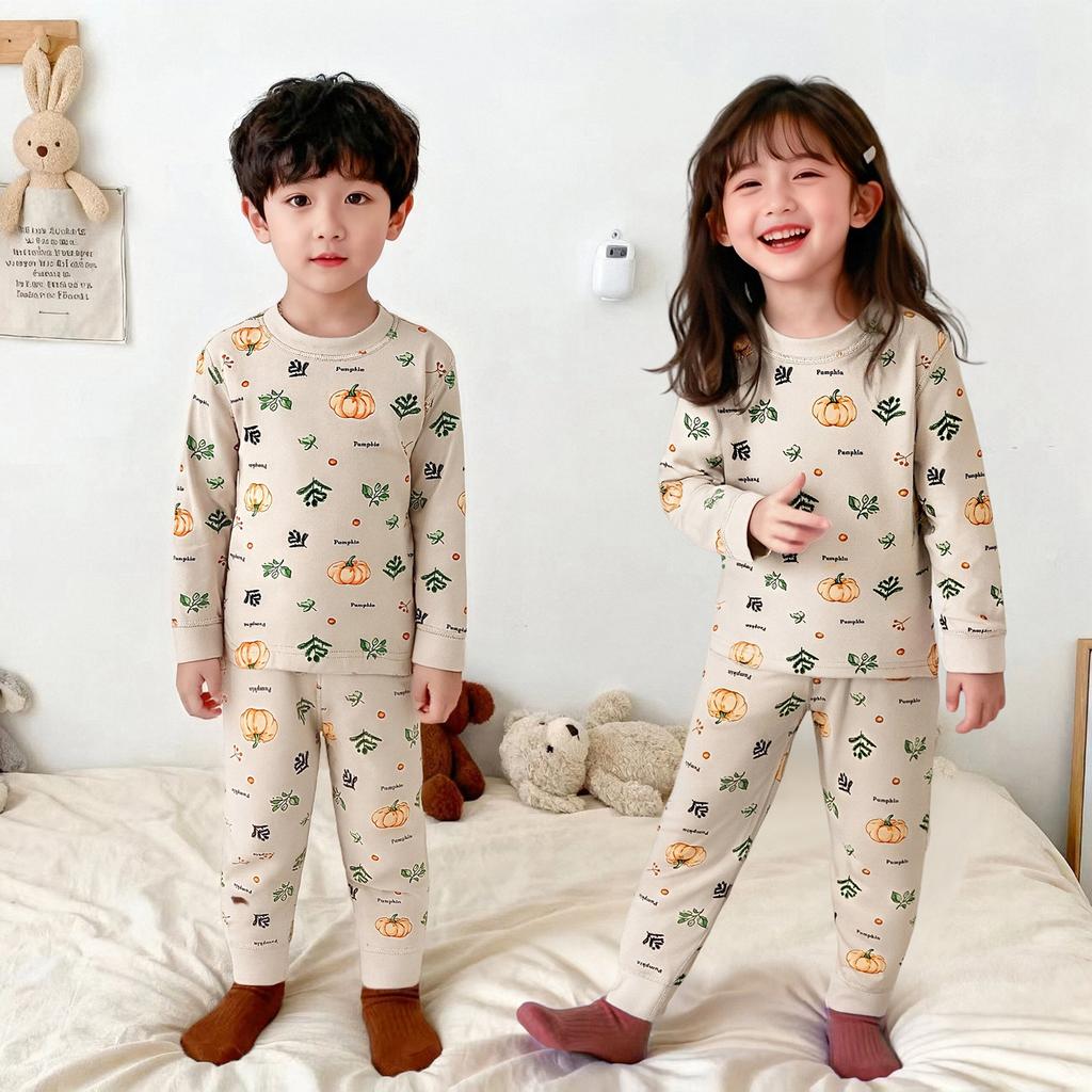 Kids Printed Pajamas Set, Elastic Cotton Boneless Fleece Long Johns, Comfort Autumn Winter Underwear For Boys Girls