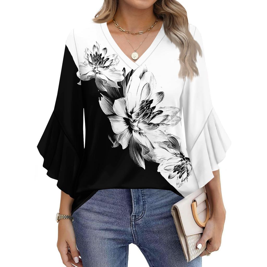 Women's Fashion Casual Seven-minute Sleeve Vintage Floral Print Top V-neck T-shirt Flared Sleeve Shirt