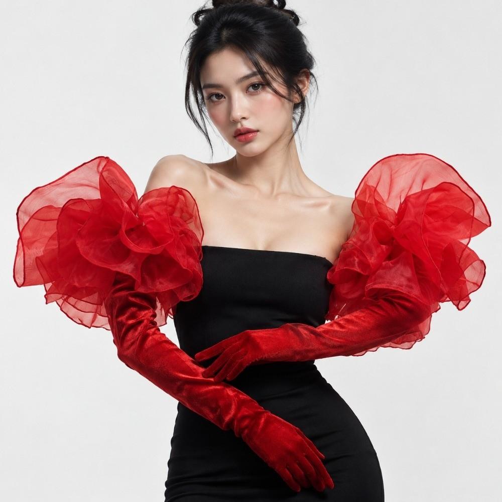 Elastic Ruffles Velvet Mittens Elegant Wedding Bridal Gloves Vintage Long Gloves Dress Accessories